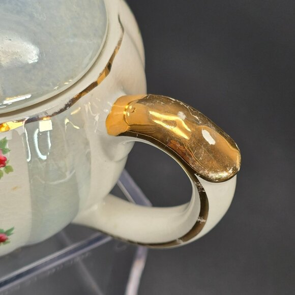 Rose Pumpkin Teapot With Blue and Gold Accents English Staffordshire JJ3837 - Picture 5 of 10